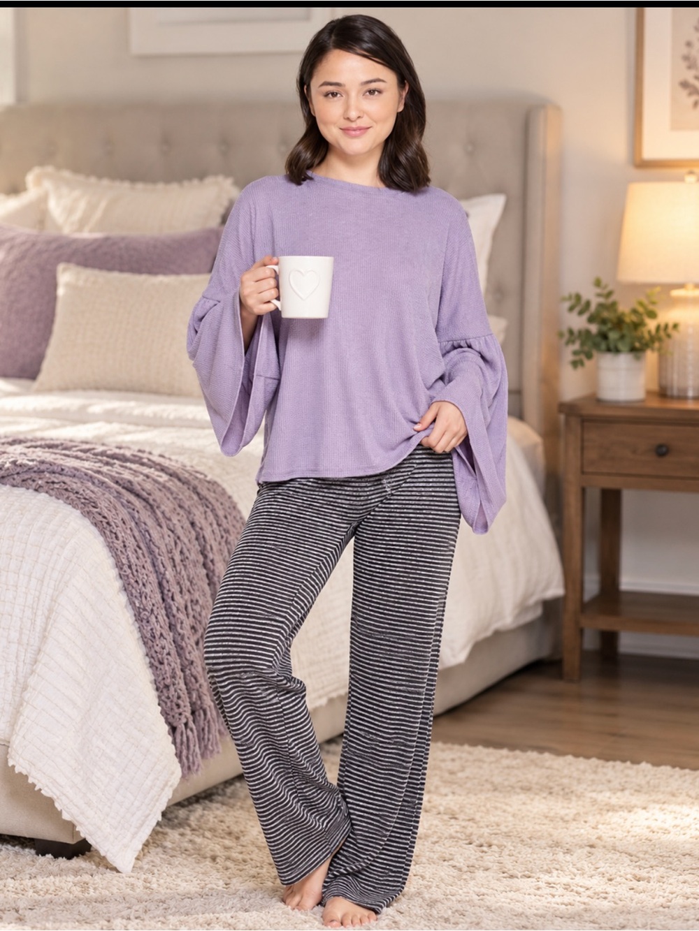 Lavender Bell-Sleeve Lounge Top with Black Striped Pajama Pants